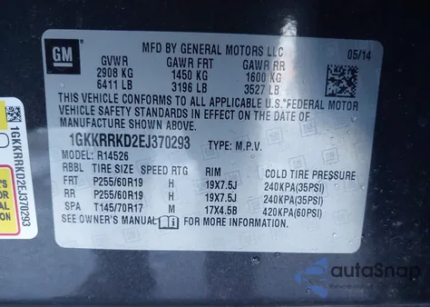 2014 GMC Acadia Slt-1 из США, поврежденный, VIN 1GKKRRKD2EJ370293